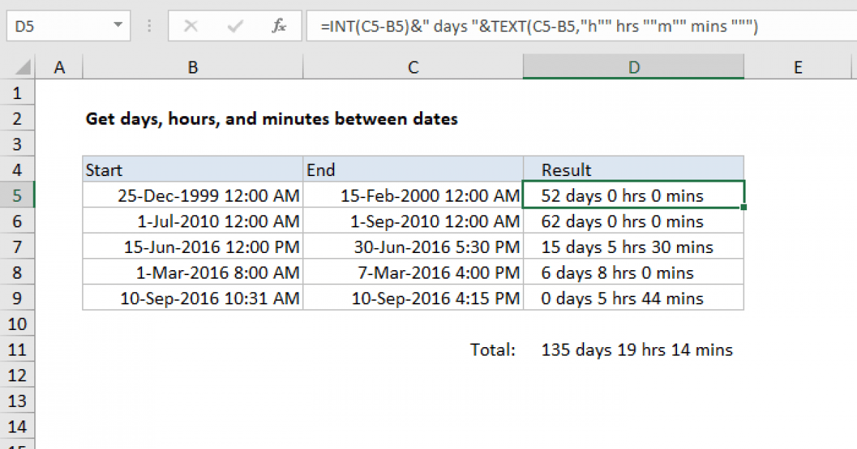 Get days, hours, and minutes between dates Excel formula Exceljet